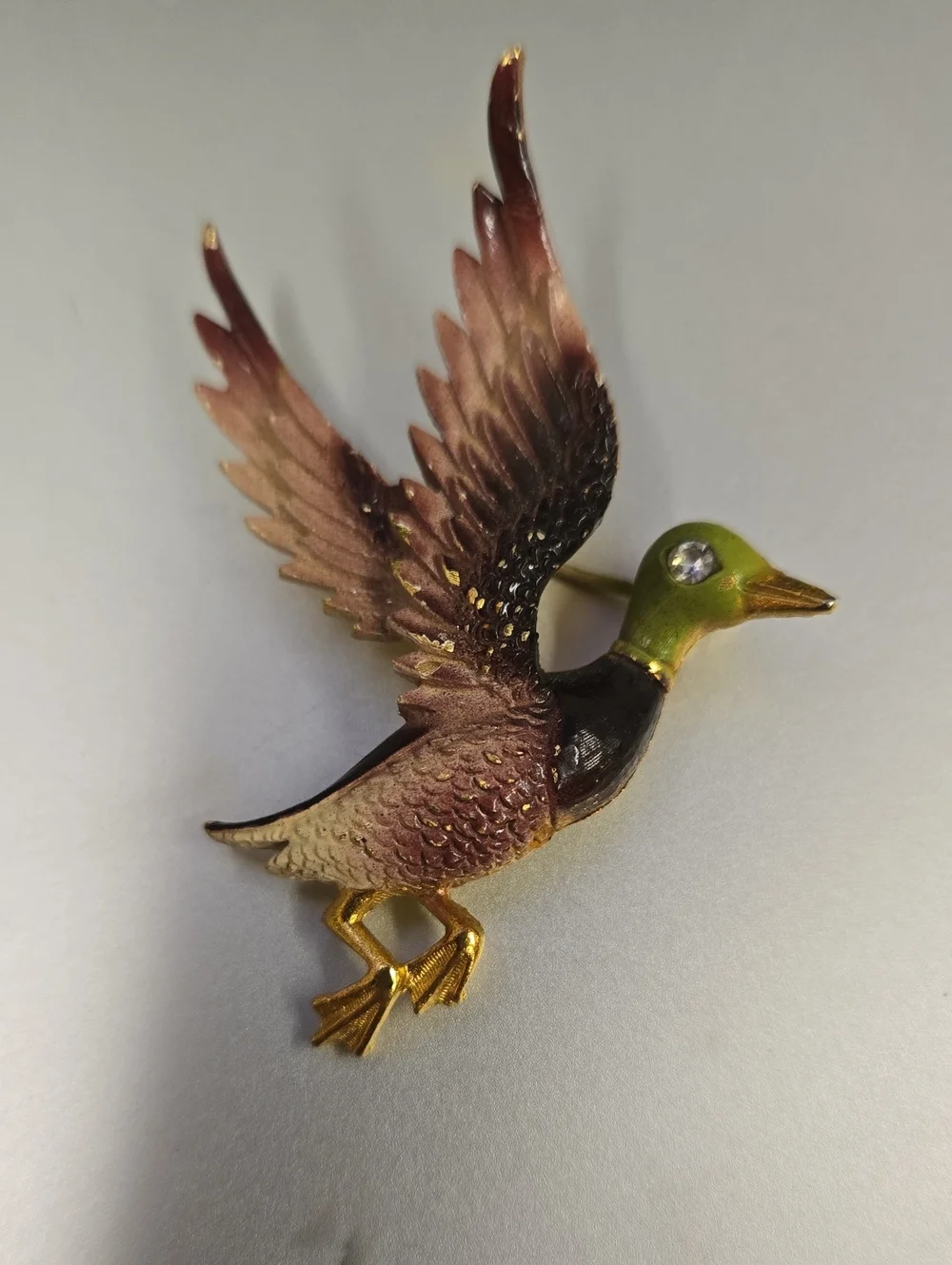 Enamel Mallard Duck Vintage Brooch in Green and Brown - Classic Bird Pin 1960s